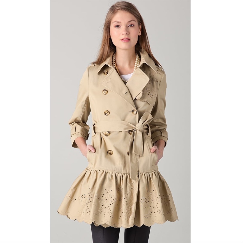 Red Valentino Ruffle Trench Coat with Eyelet Trim